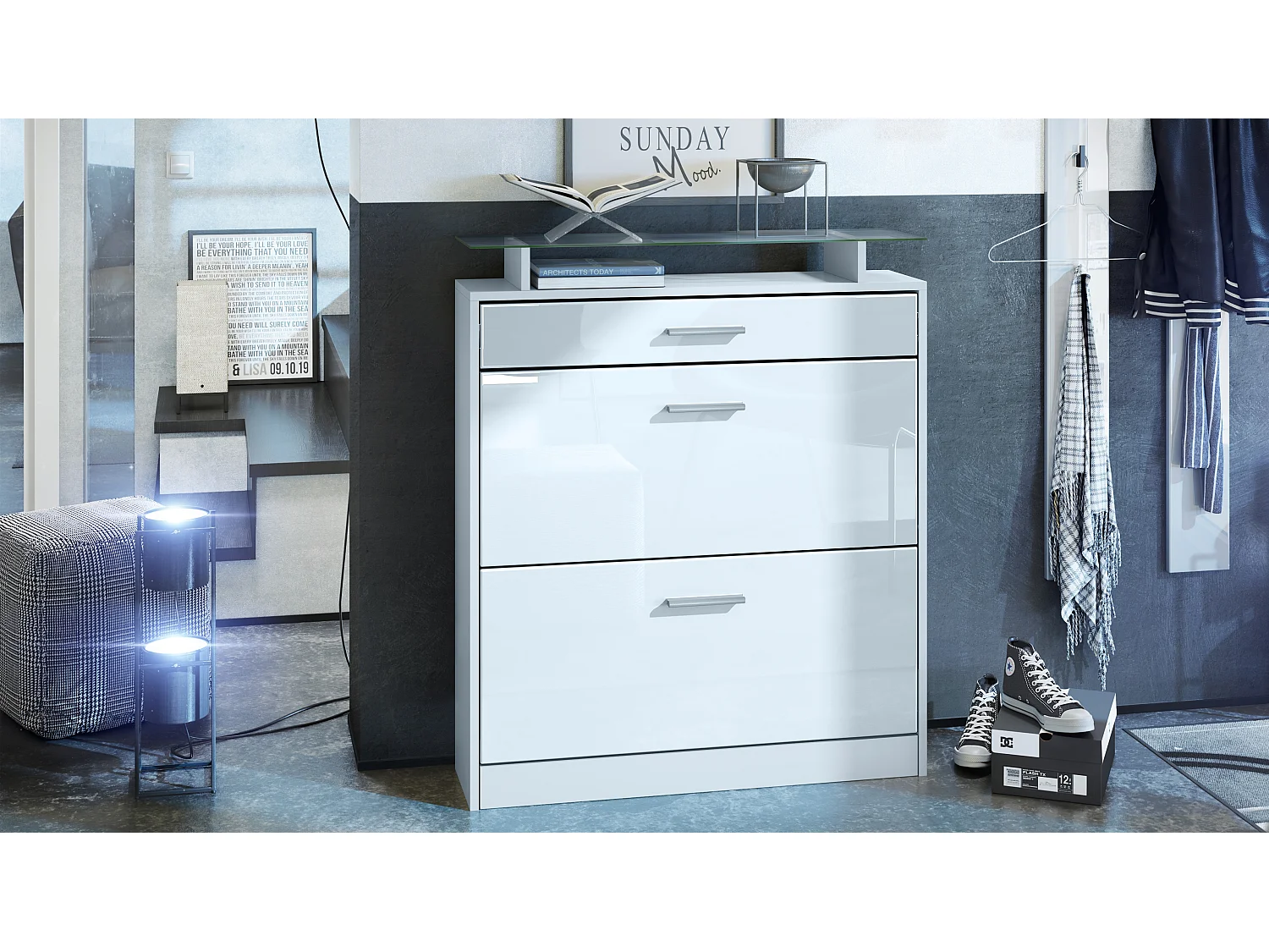 Scarpiera  Loret, mobile per 16 paia di scarpe con 2 ante a ribalta, 1 cassetto e ripiano in vetro, bianco opaco/bianco lucido (89 x 104 x 23 cm)