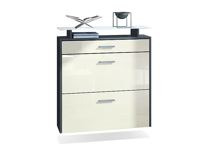 Armoire à chaussures Malea de , anthracite mat/crème brillant y compris LED - basculeur à chaussures suspendu pour 16 paires de chaussures (89 x 96 x 23 cm)