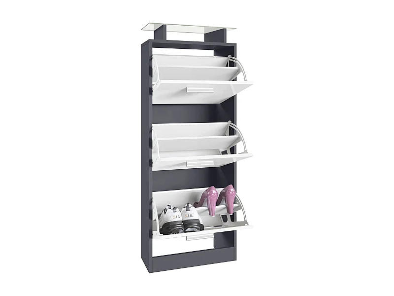 Meuble à Chaussures Lavia V2, Range-Chaussures pour 12 Paires avec 3 Abattants et Étagère en Verre, anthracite mat/bordeaux brillant (46 x 128 x 23 cm)