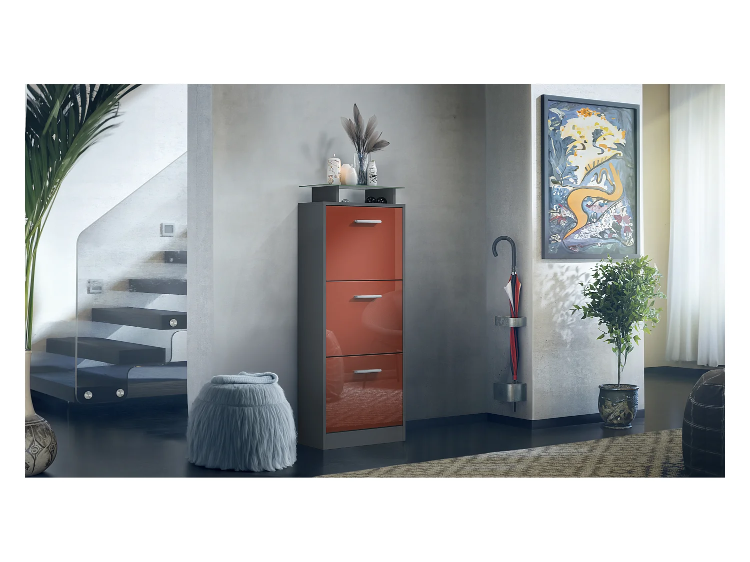 Meuble à Chaussures Lavia V2, Range-Chaussures pour 12 Paires avec 3 Abattants et Étagère en Verre, anthracite mat/bordeaux brillant (46 x 128 x 23 cm)