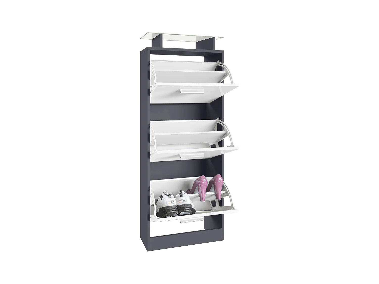 Meuble à Chaussures Lavia V2, Range-Chaussures pour 12 Paires avec 3 Abattants et Étagère en Verre, anthracite mat/bordeaux brillant (46 x 128 x 23 cm)