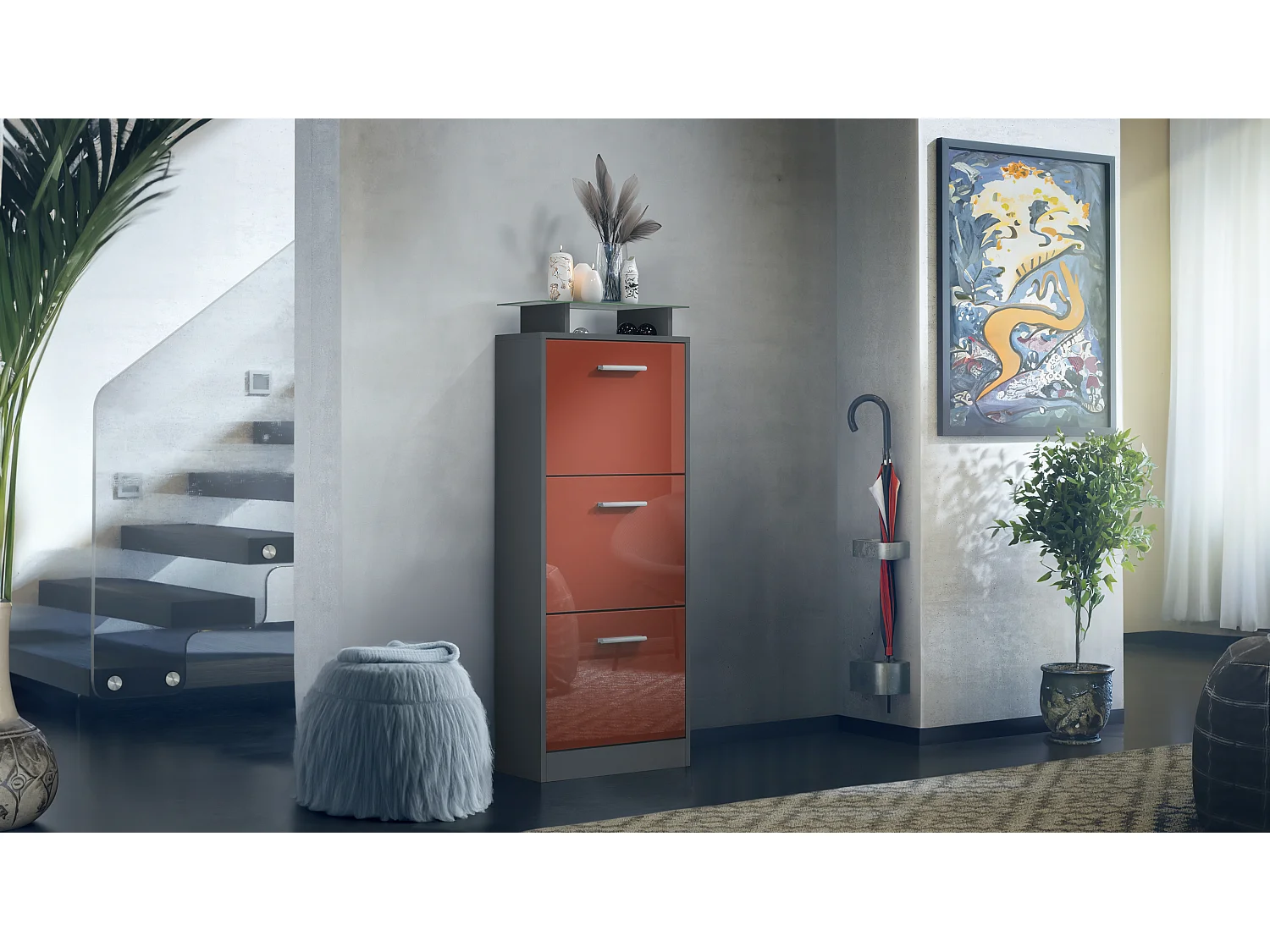 Vladon Scarpiera Lavia V2, Scarpiera per 12 Paia di Scarpe con 3 Ribalte e Mensola in Vetro, antracite opaco /bordeaux lucido (46 x 128 x 23 cm)