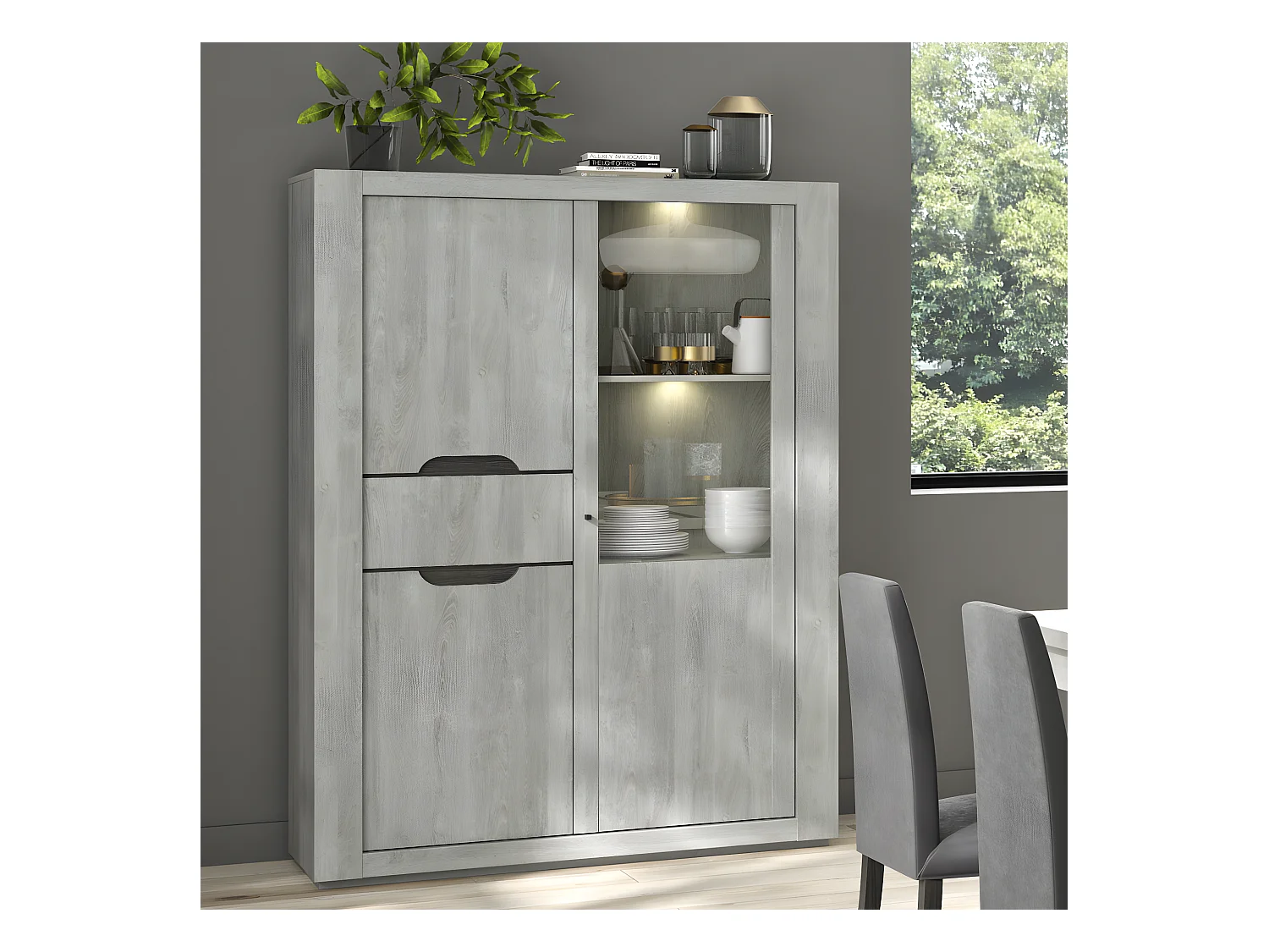Vaisselier 2 portes Chêne Gris Clair - JEANNETTE