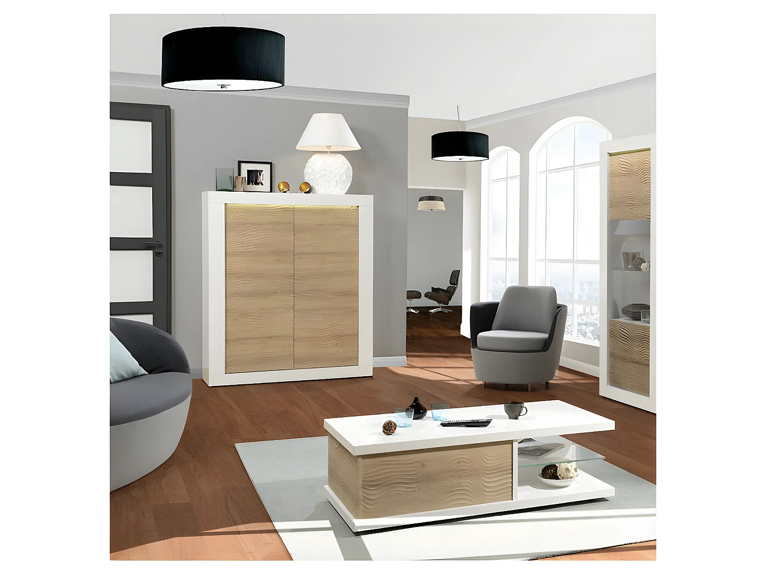 Vaisselier 2 portes Blanc/Chêne clair à LEDs - MARKS