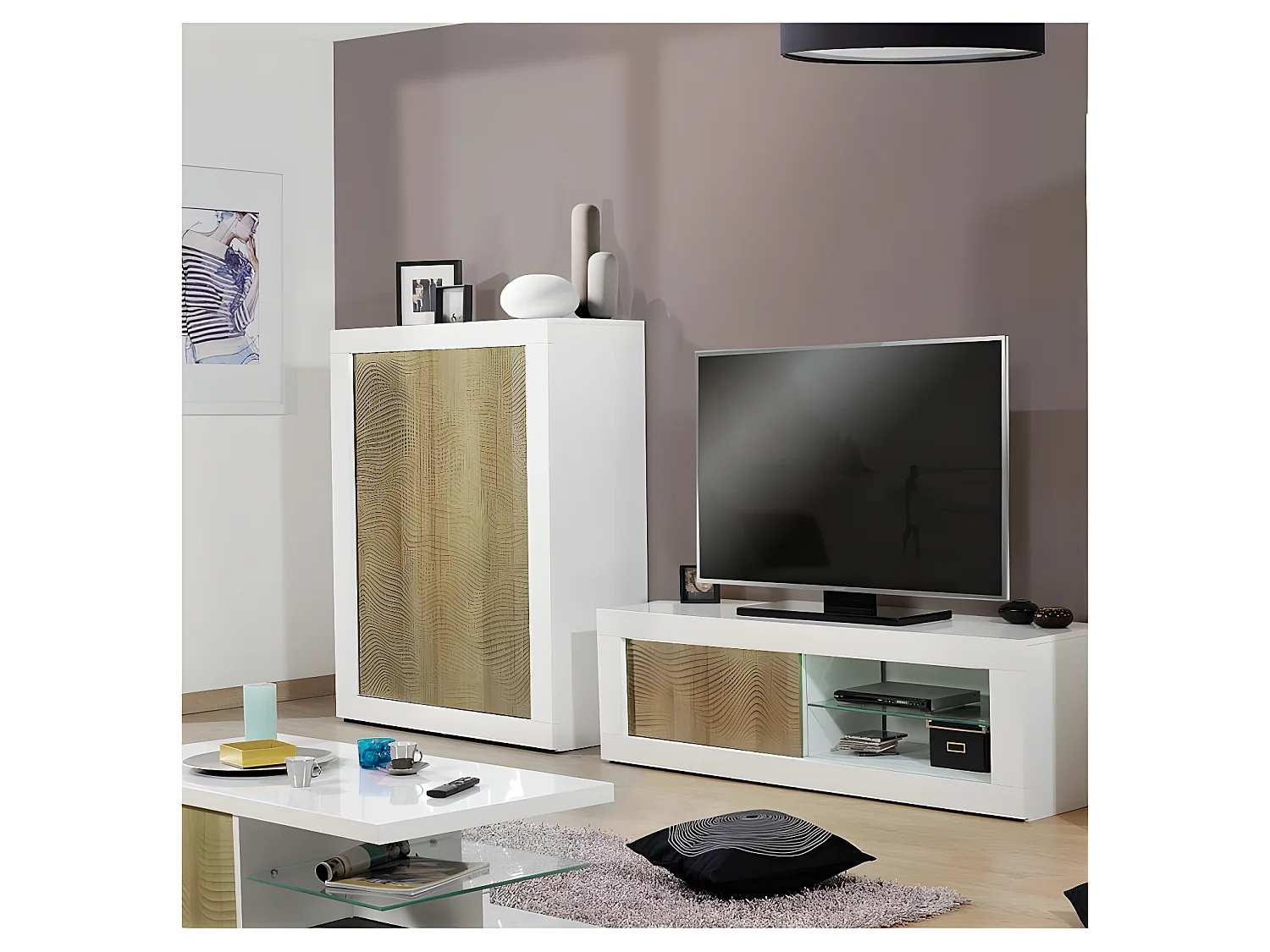 Vaisselier 2 portes Blanc/Chêne clair à LEDs - MARKS