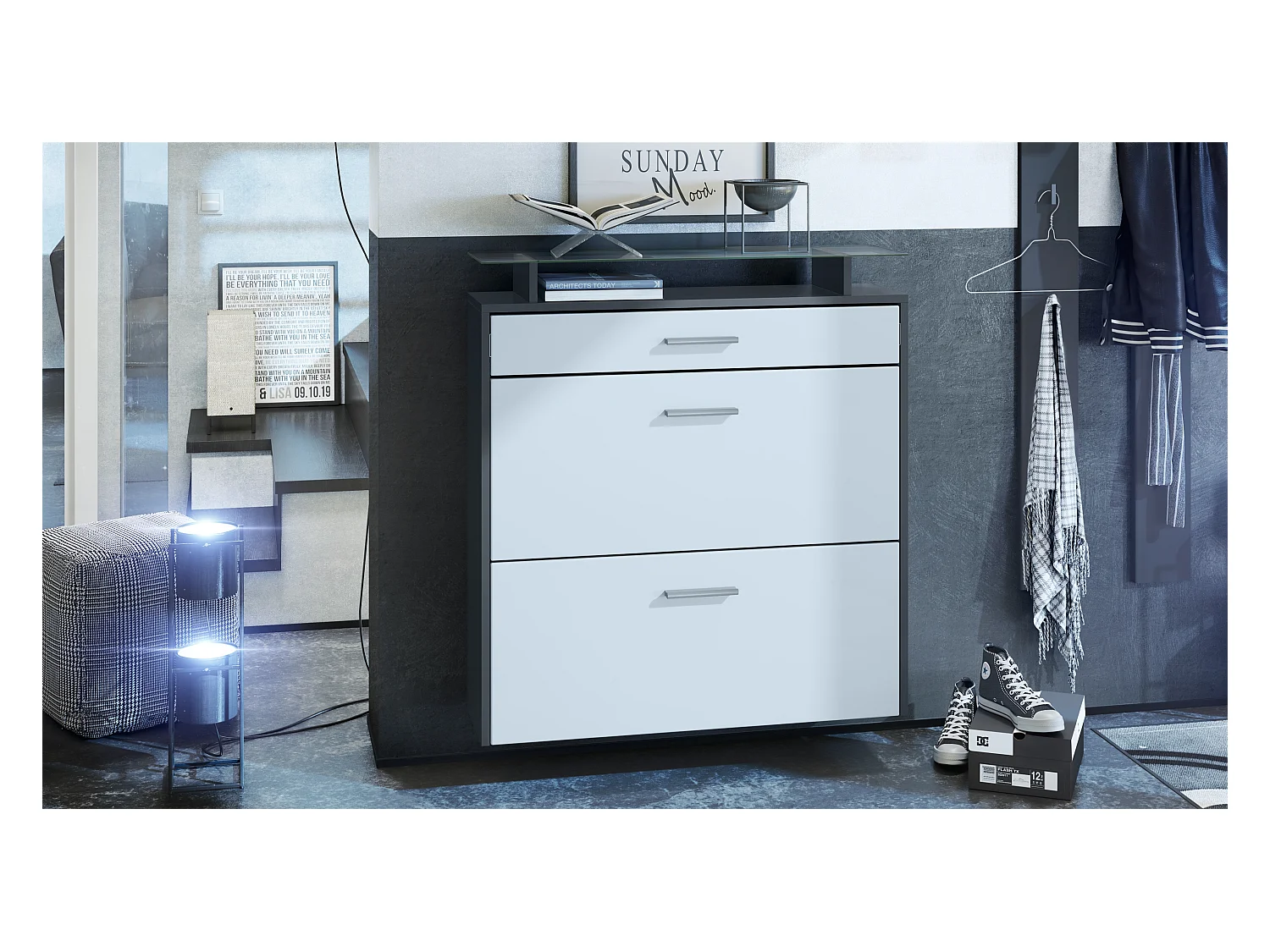 Armoire à chaussures Malea de , anthracite mat/blanc mat - basculeur à chaussures suspendu pour 16 paires de chaussures (89 x 96 x 23 cm)