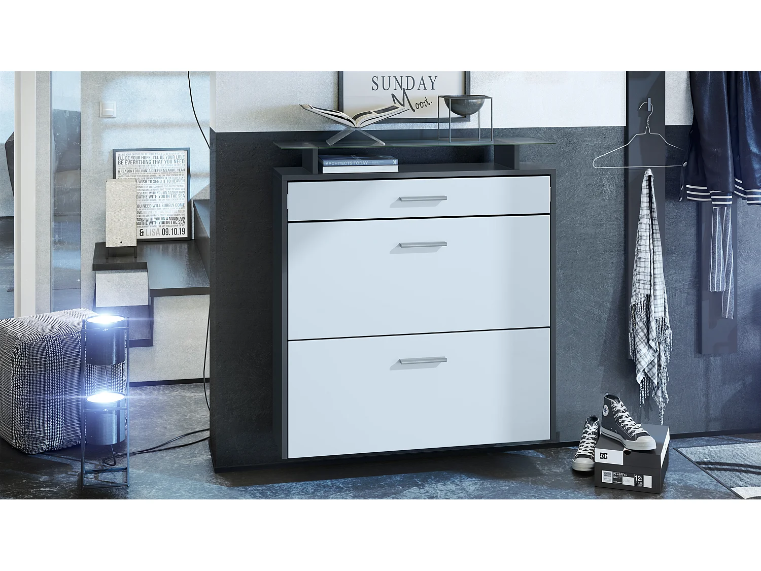 Scarpiera Vladon Malea, antracite opaco /bianco opaco - carrello appeso per 16 paia di scarpe (89 x 96 x 23 cm)