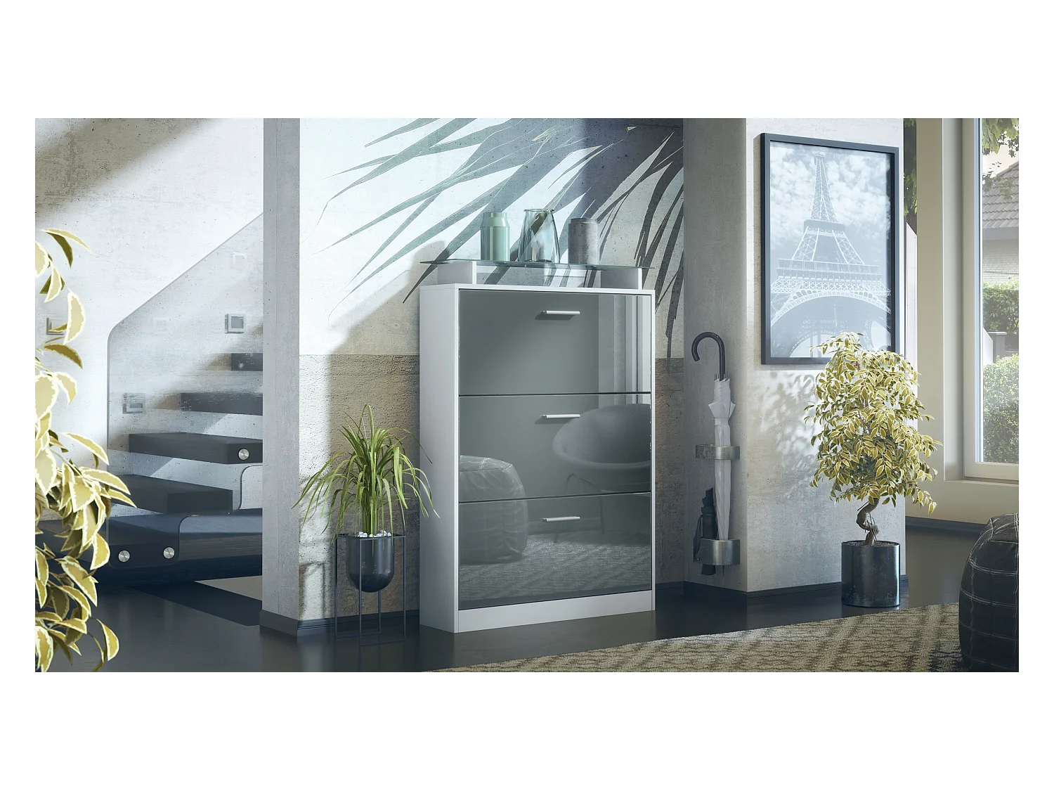 Meuble à chaussures Lavia, basculant pour 24 paires de chaussures avec 3 clapets et étagère en verre, Blanc mat/Gris haute brillance (89 x 128 x 23 cm)