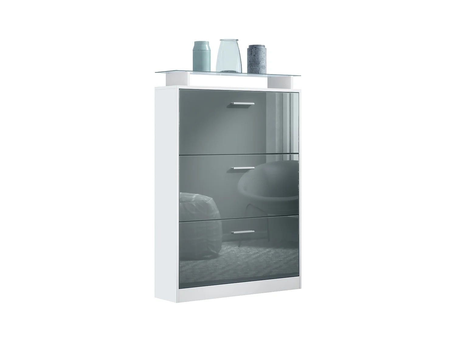 Meuble à chaussures Lavia, basculant pour 24 paires de chaussures avec 3 clapets et étagère en verre, Blanc mat/Gris haute brillance (89 x 128 x 23 cm)