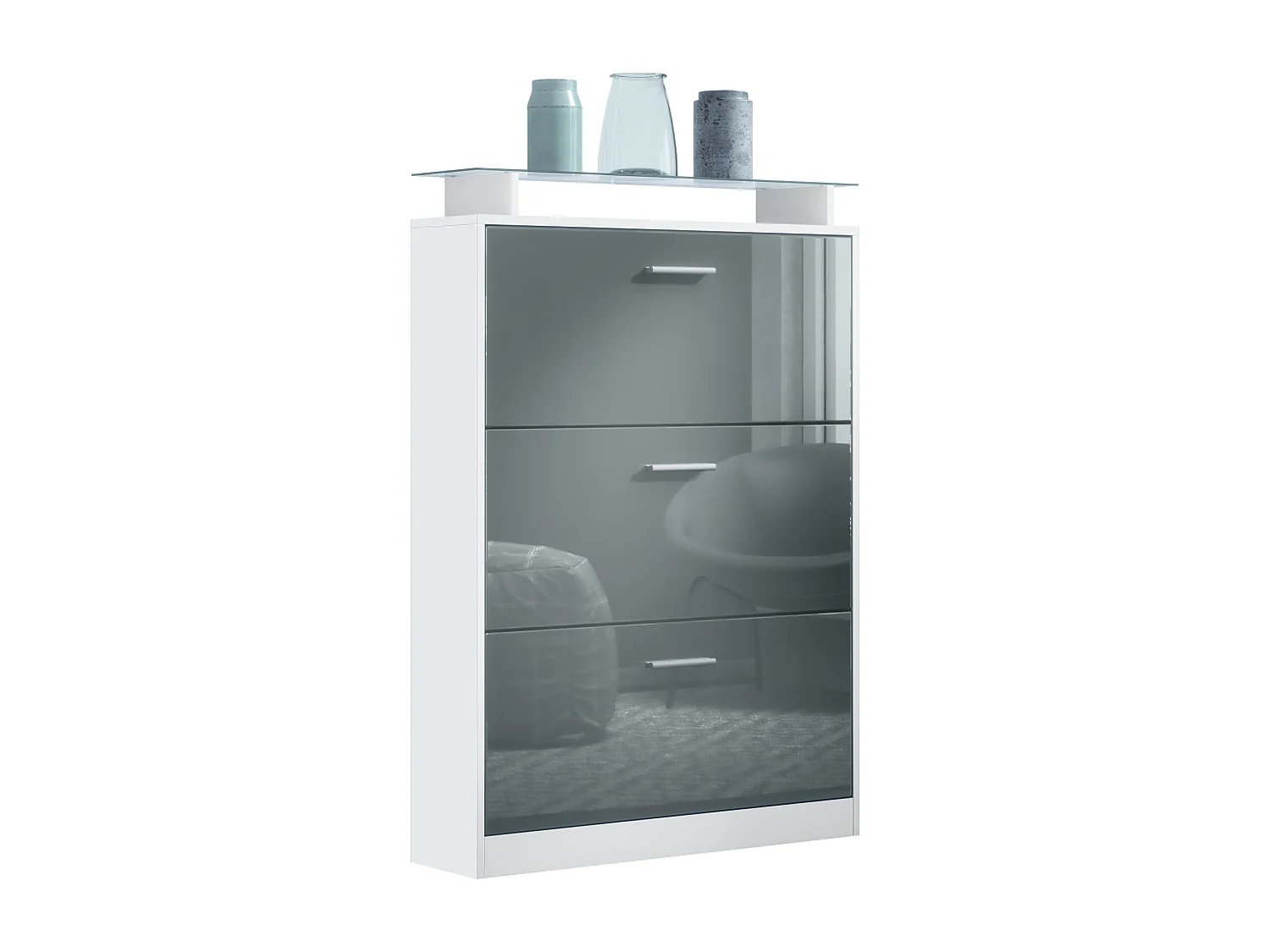 Scarpiera Lavia, mobile per 24 paia di scarpe con 3 ante a ribalta e un ripiano in vetro, bianco opaco/grigio lucido (89 x 128 x 23 cm)