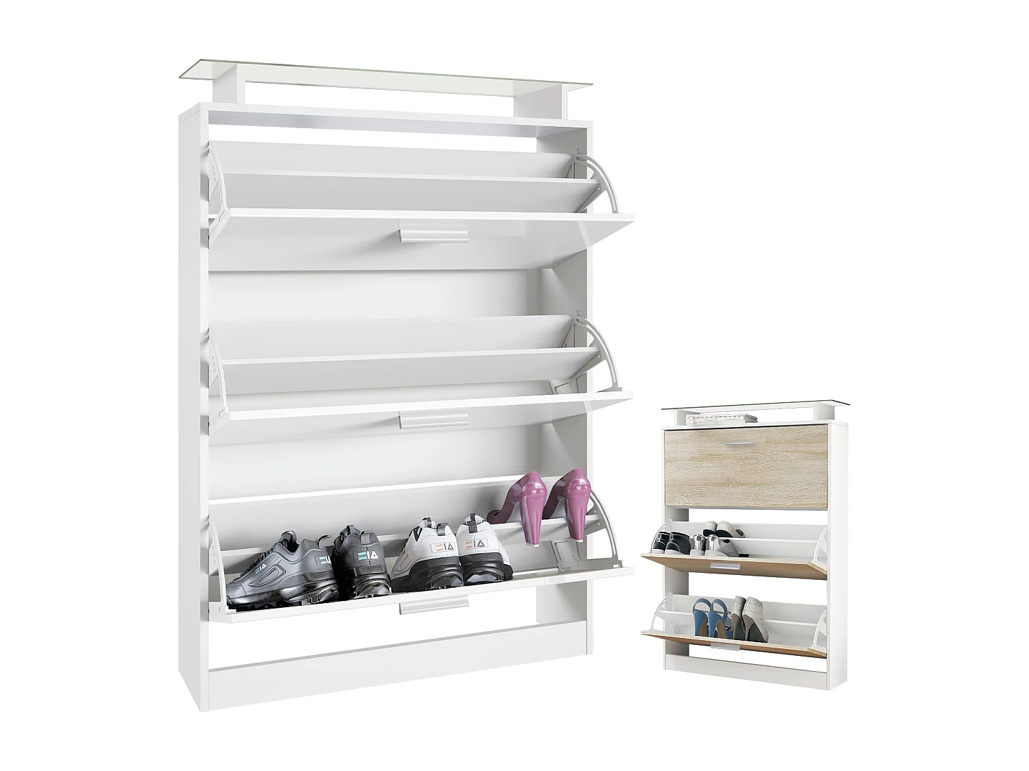 Scarpiera Lavia, mobile per 24 paia di scarpe con 3 ante a ribalta e un ripiano in vetro, bianco opaco/grigio lucido (89 x 128 x 23 cm)