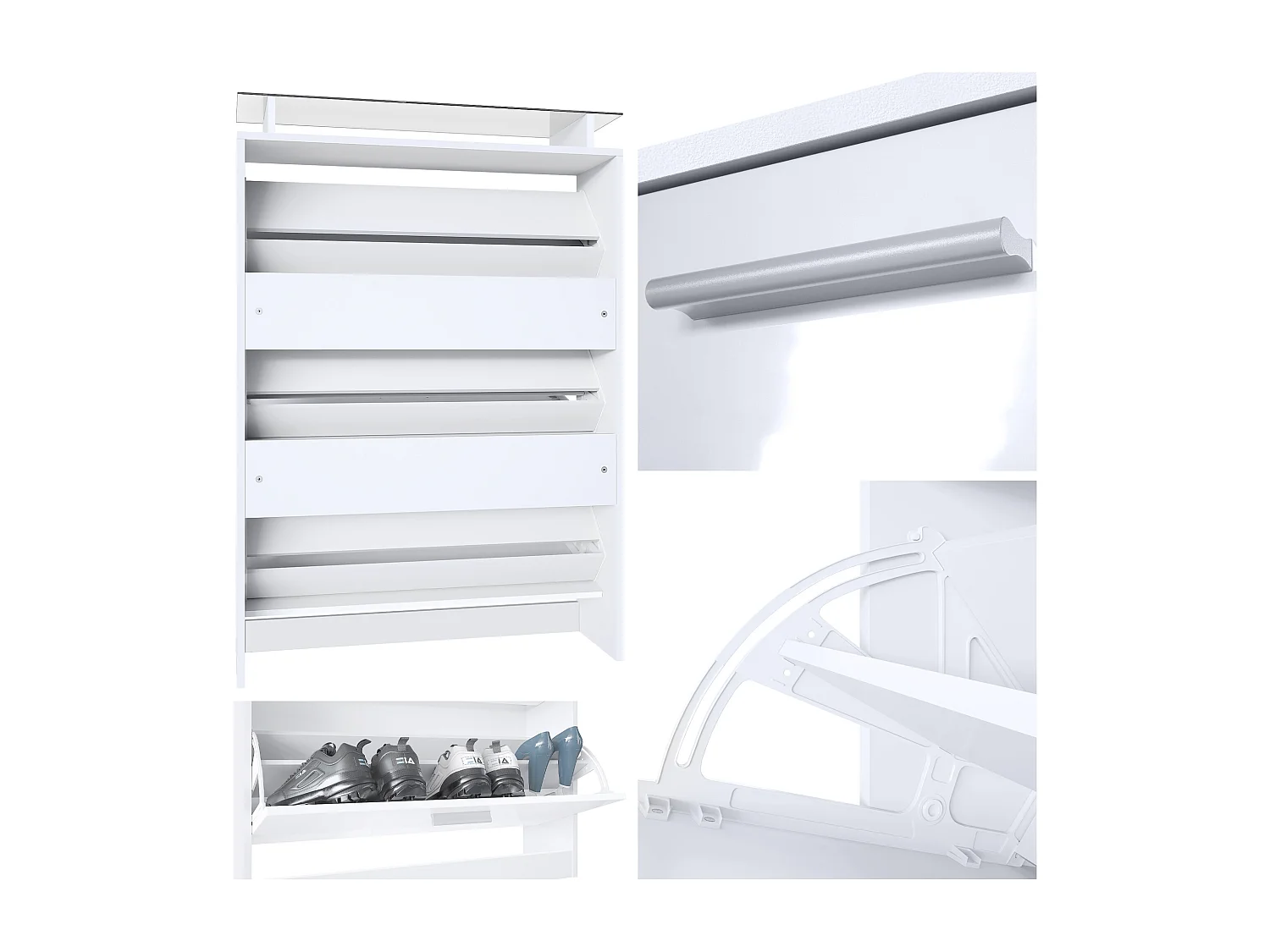 Scarpiera Lavia, mobile per 24 paia di scarpe con 3 ante a ribalta e un ripiano in vetro, bianco opaco/grigio lucido (89 x 128 x 23 cm)