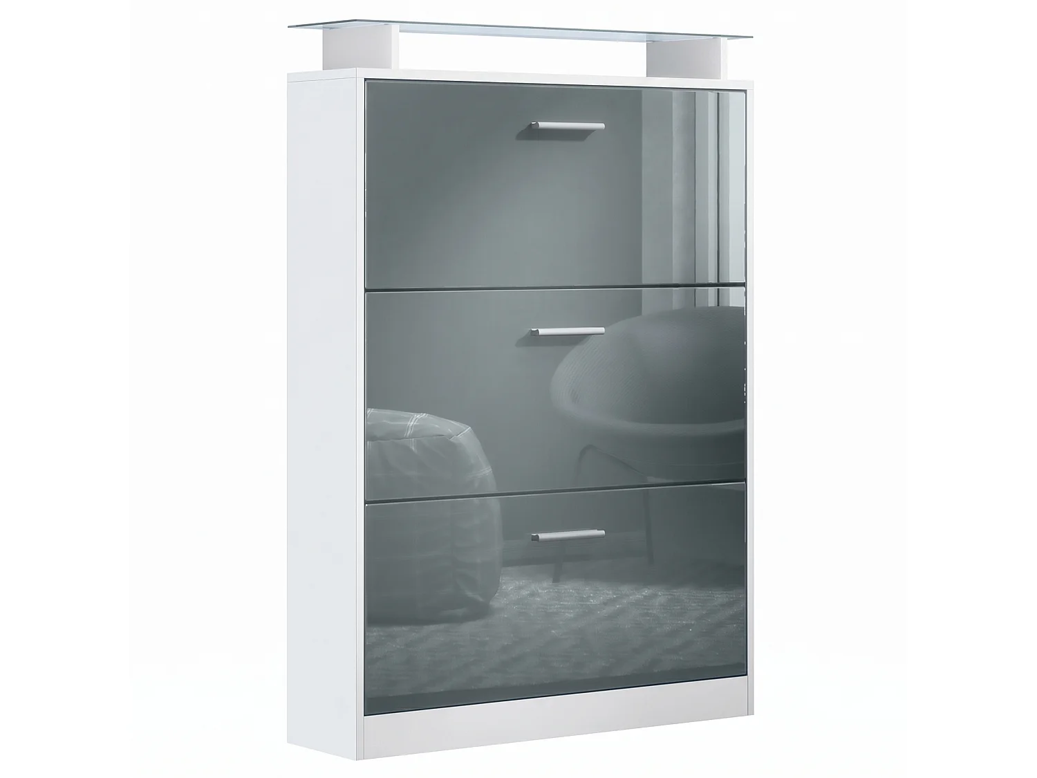 Meuble à chaussures Lavia, basculant pour 24 paires de chaussures avec 3 clapets et étagère en verre, Blanc mat/Gris haute brillance (89 x 128 x 23 cm)