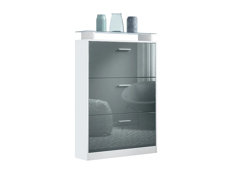 Meuble à chaussures Lavia, basculant pour 24 paires de chaussures avec 3 clapets et étagère en verre, Blanc mat/Gris haute brillance (89 x 128 x 23 cm)