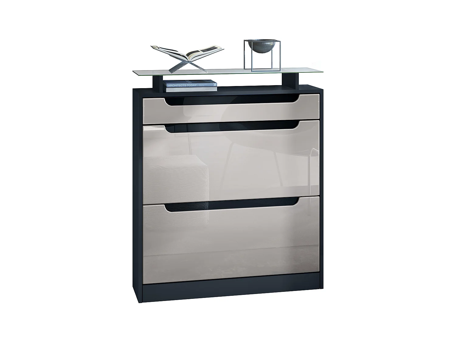 Vladon Mueble zapatero Fiesta, negro mate/gris arena de alto brillo/negro de alto brillo - volquete zapatero para 16 pares de zapatos (89 x 104 x 23 cm)