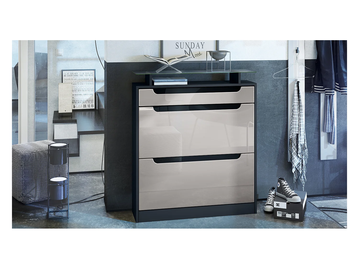 Vladon Mueble zapatero Fiesta, negro mate/gris arena de alto brillo/negro de alto brillo - volquete zapatero para 16 pares de zapatos (89 x 104 x 23 cm)