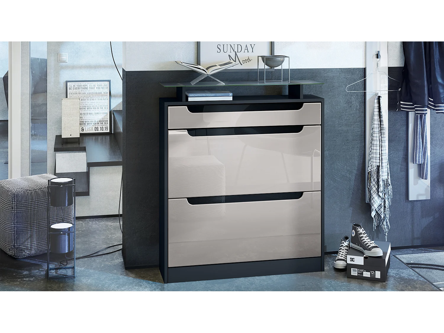 Vladon Scarpiera Fiesta, nero opaco/grigio sabbia lucido/nero lucido - ribaltabile per 16 paia di scarpe (89 x 104 x 23 cm)