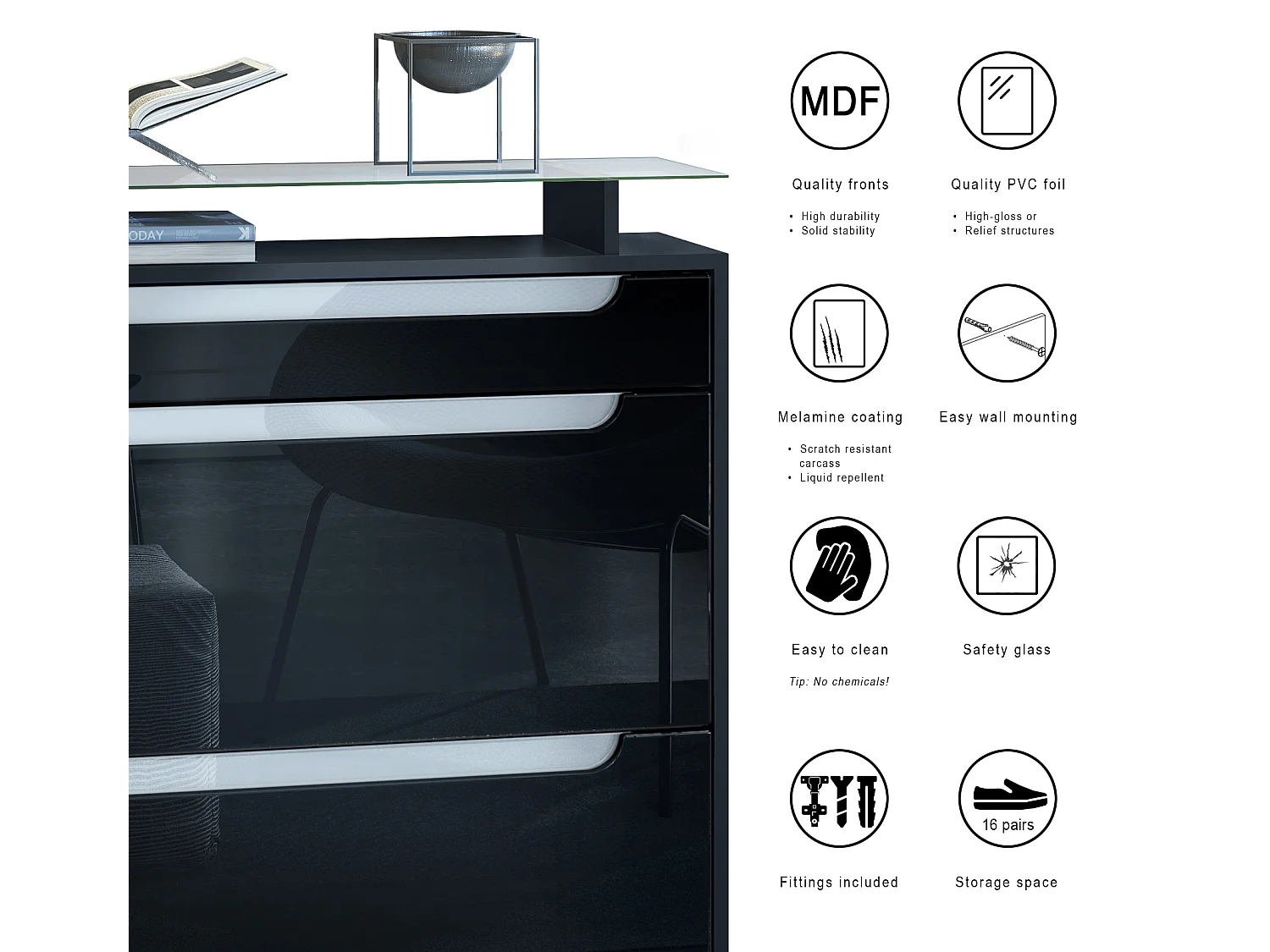 Vladon Scarpiera Fiesta, nero opaco/grigio sabbia lucido/nero lucido - ribaltabile per 16 paia di scarpe (89 x 104 x 23 cm)