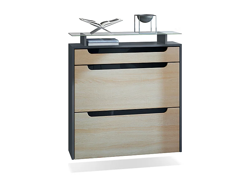 SCHUHSCHRANK Annie Fronten in Eiche sägerau, Griffmulden in Schwarz Hochglanz