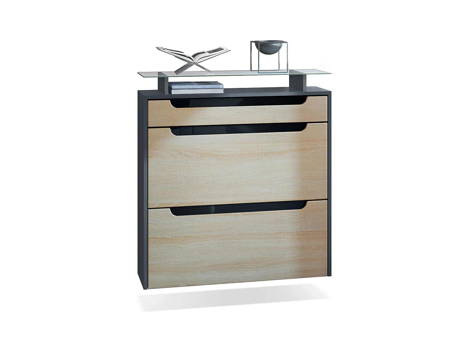 Meuble chaussures Annie pour 16 paires de chaussures avec clapets et tablette en verre, Anthracite mat/Chêne brut, poignées Noir brillant (89x96x23 cm)