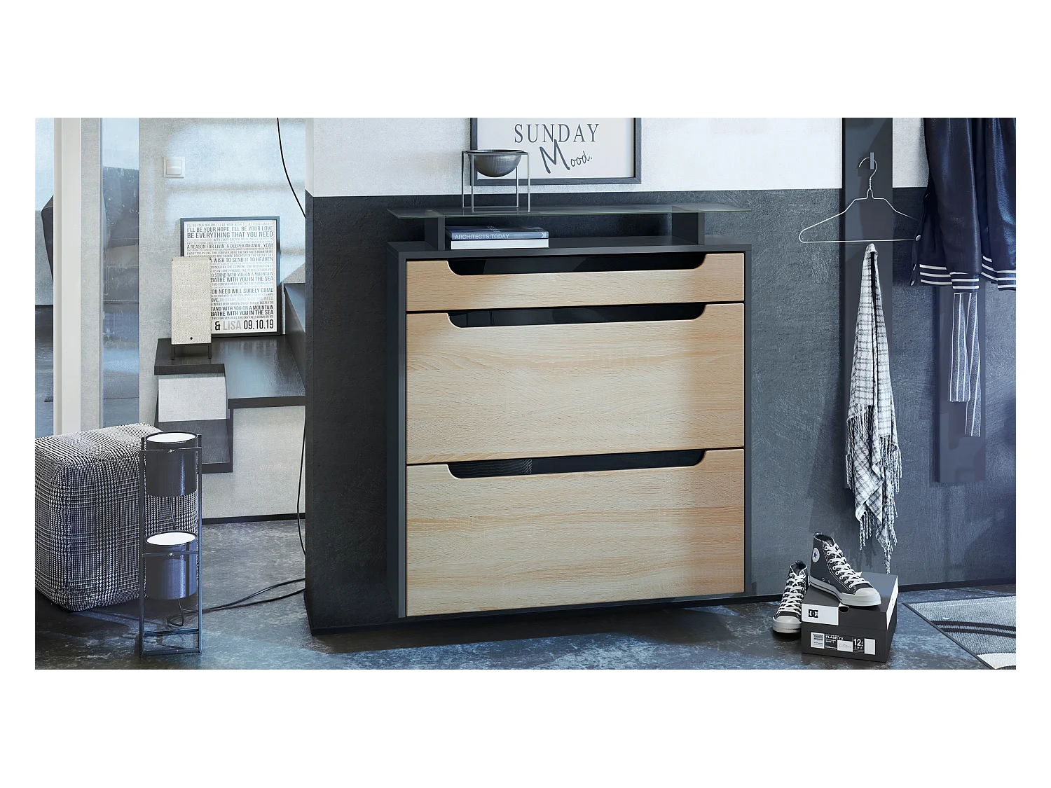 Meuble chaussures Annie pour 16 paires de chaussures avec clapets et tablette en verre, Anthracite mat/Chêne brut, poignées Noir brillant (89x96x23 cm)