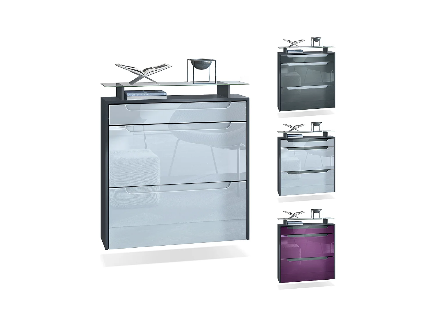 Meuble chaussures Annie pour 16 paires de chaussures avec clapets et tablette en verre, Anthracite mat/Chêne brut, poignées Noir brillant (89x96x23 cm)