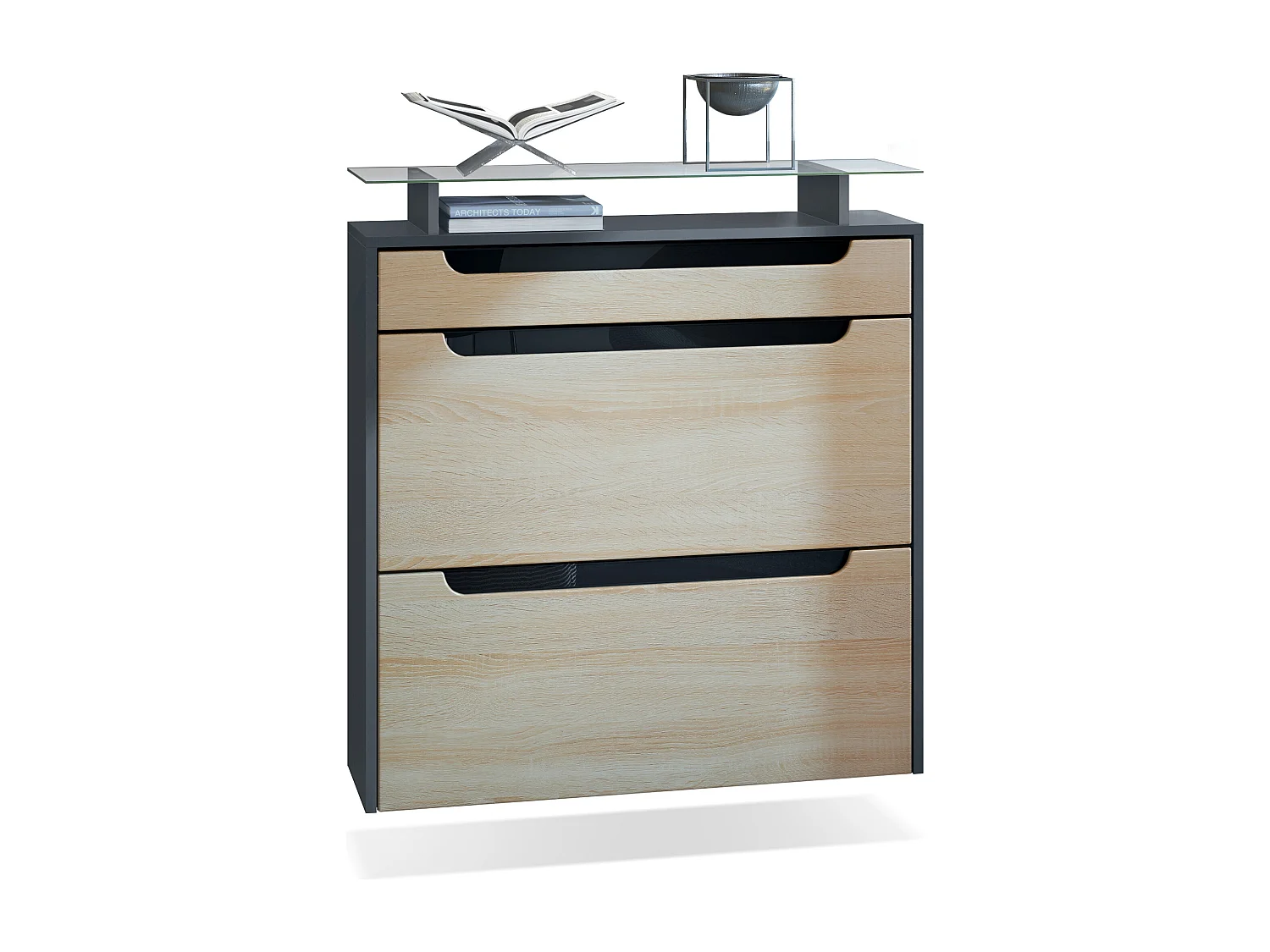 SCHUHSCHRANK Annie Fronten in Eiche sägerau, Griffmulden in Schwarz Hochglanz