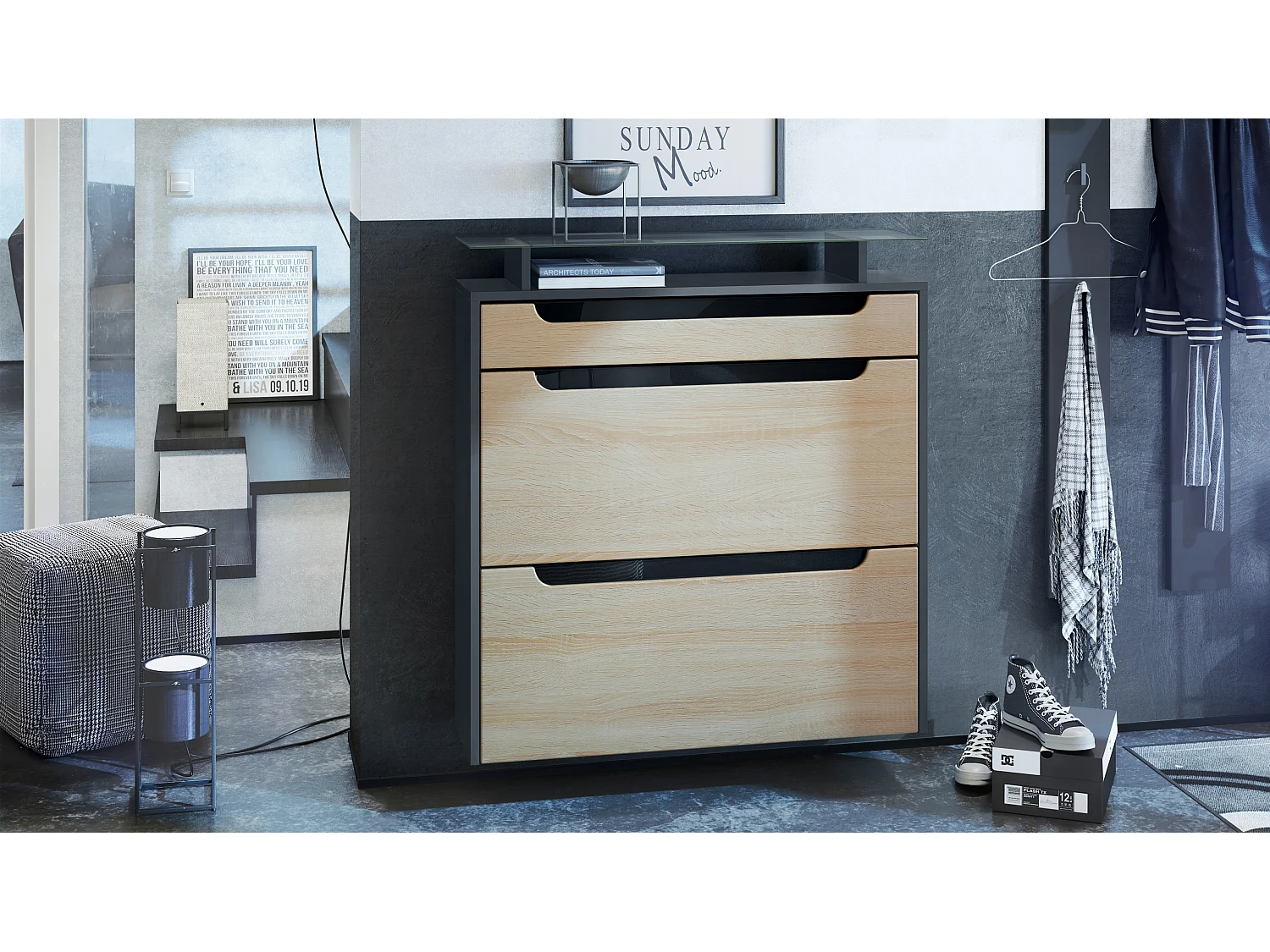 SCHUHSCHRANK Annie Fronten in Eiche sägerau, Griffmulden in Schwarz Hochglanz