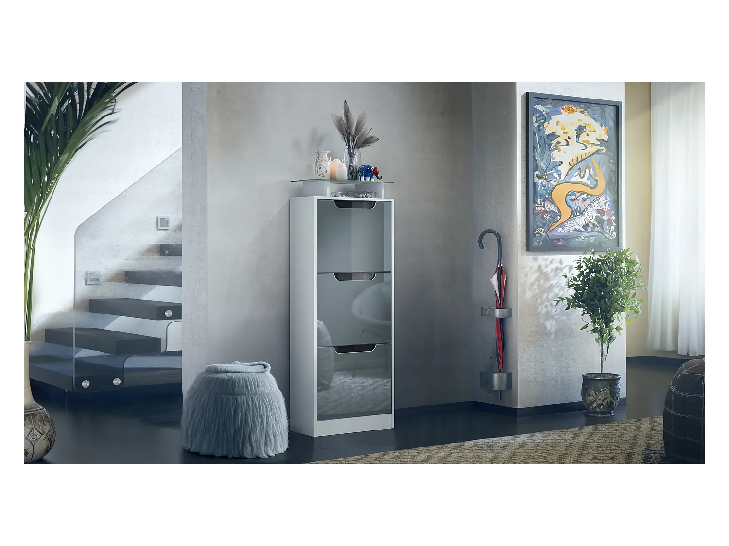 Meuble à chaussures Space V2, Range-chaussures pour 12 paires de chaussures avec 3 abattants et étagère en verre, blanc mat/gris brillant (46 x 128 x 23 cm)