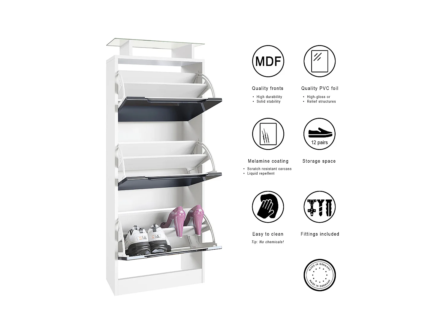Meuble à chaussures Space V2, Range-chaussures pour 12 paires de chaussures avec 3 abattants et étagère en verre, blanc mat/gris brillant (46 x 128 x 23 cm)