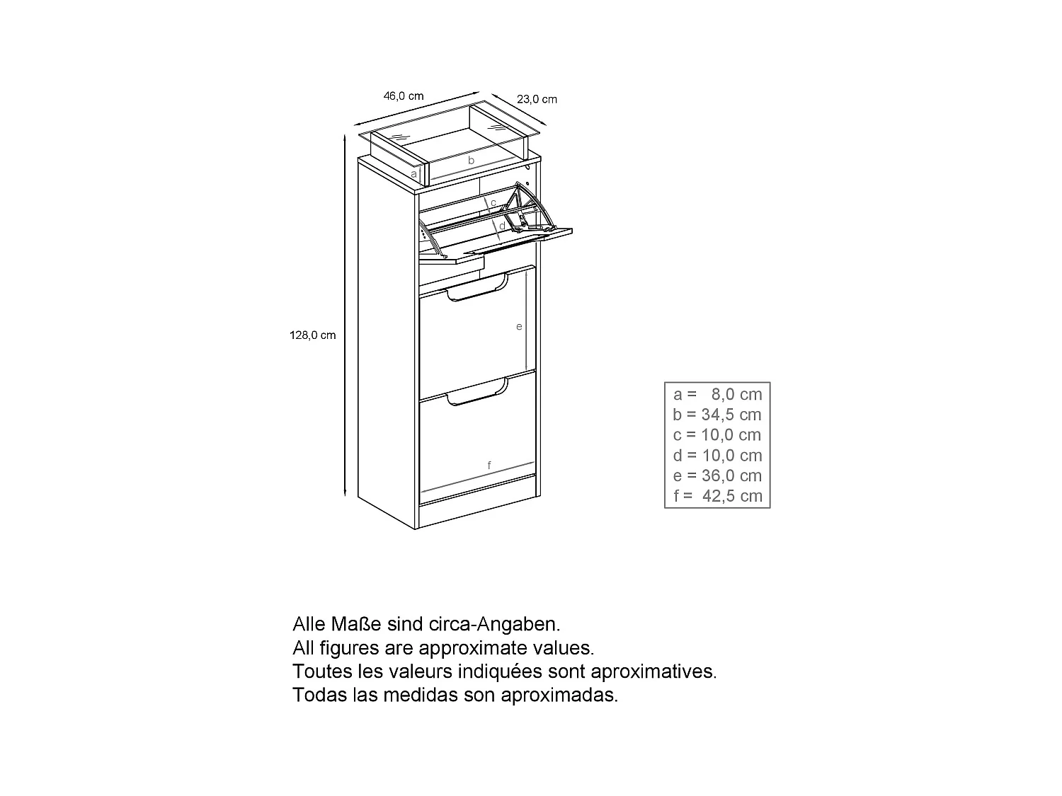 Meuble à chaussures Space V2, Range-chaussures pour 12 paires de chaussures avec 3 abattants et étagère en verre, blanc mat/gris brillant (46 x 128 x 23 cm)