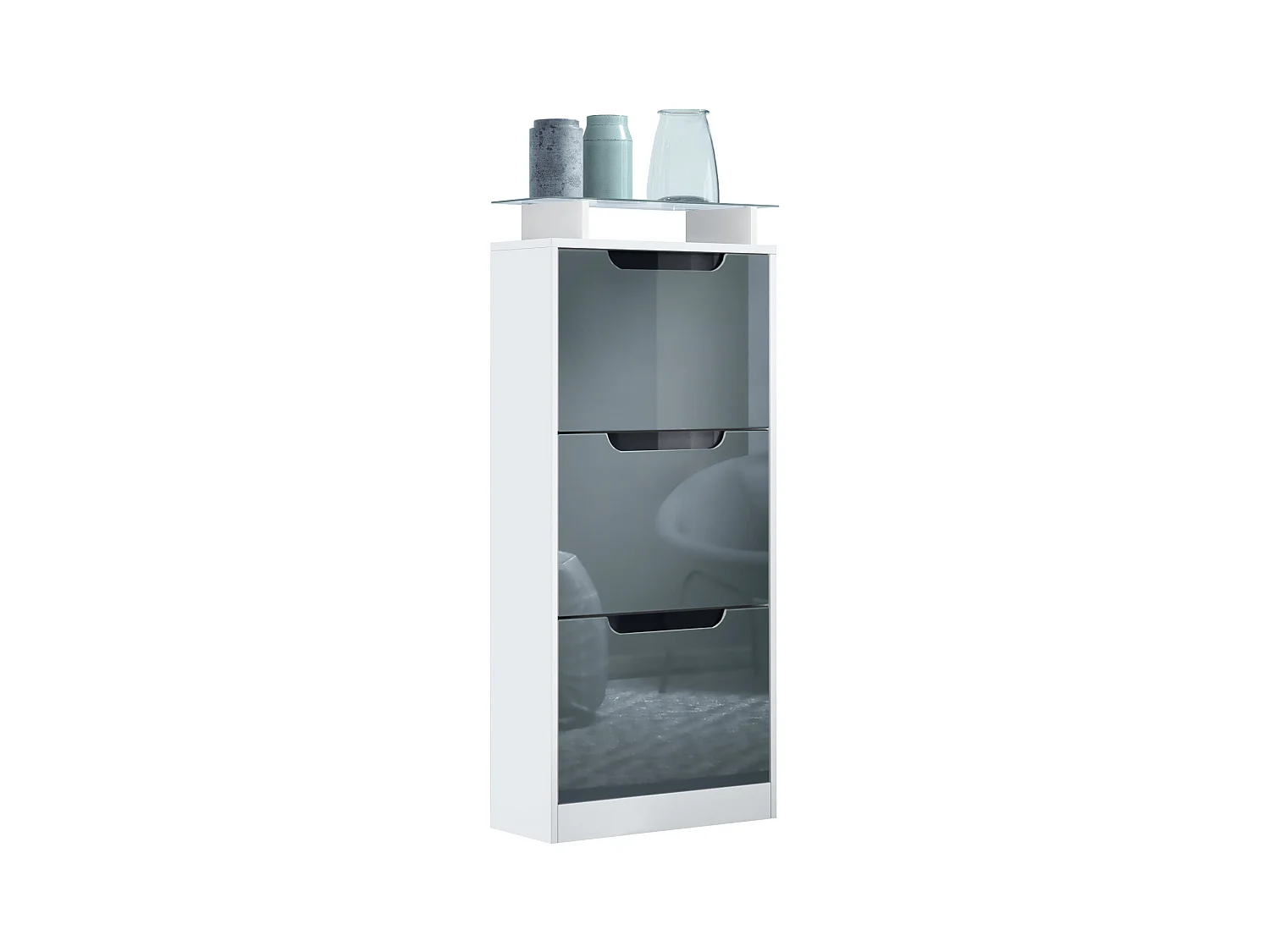 Meuble à chaussures Space V2, Range-chaussures pour 12 paires de chaussures avec 3 abattants et étagère en verre, blanc mat/gris brillant (46 x 128 x 23 cm)