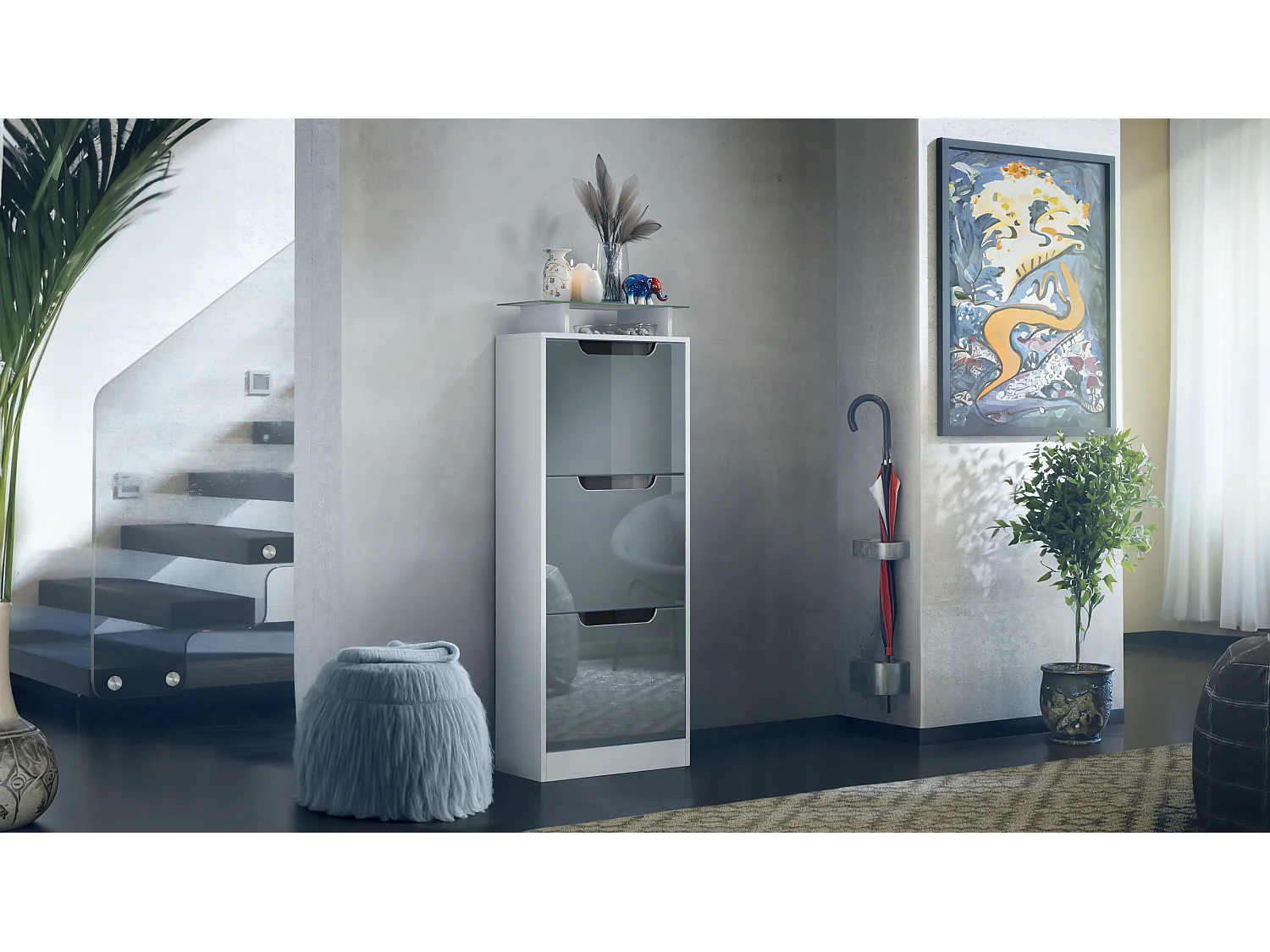 Vladon Scarpiera Space V2, Scarpiera per 12 paia di scarpe con 3 ribalte e ripiano in vetro, bianco opaco/grigio lucido (46 x 128 x 23 cm)