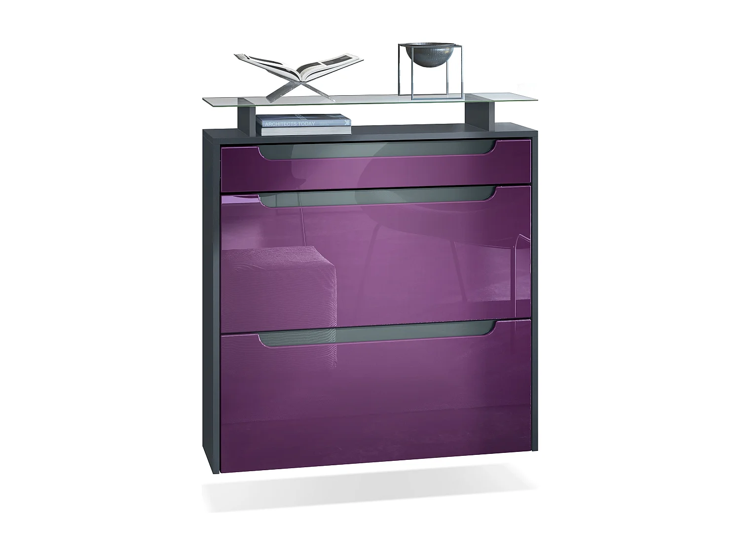 SCHUHSCHRANK Annie Fronten in Brombeer Hochglanz, Griffmulden in Grau Hochglanz