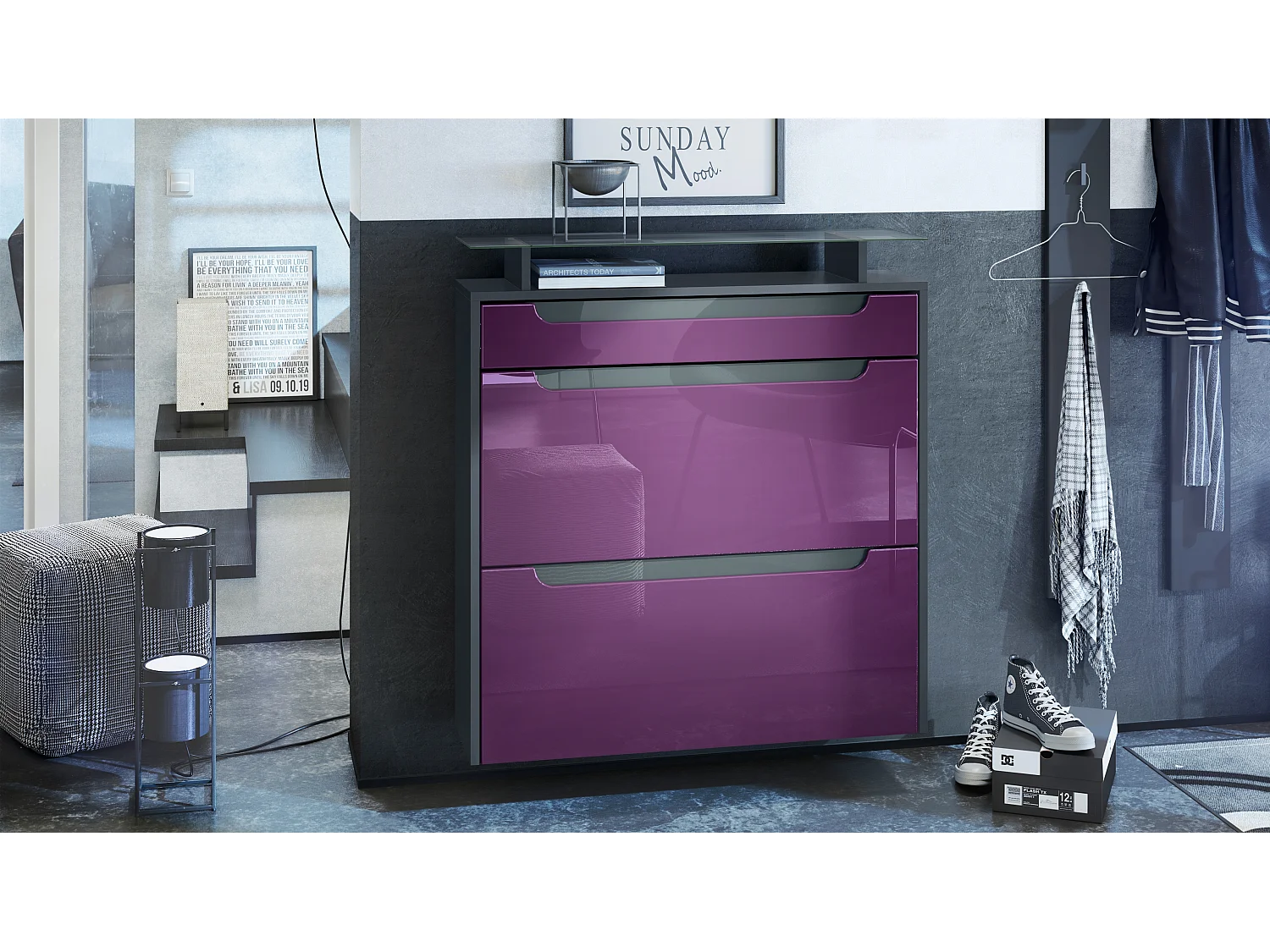 SCHUHSCHRANK Annie Fronten in Brombeer Hochglanz, Griffmulden in Grau Hochglanz