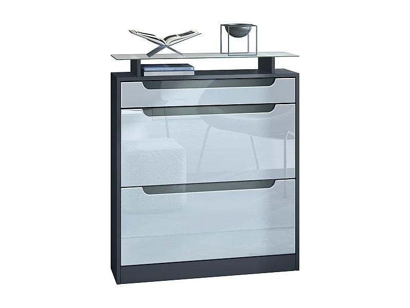 Meuble chaussure Fiesta pour 16 paires de chaussures avec clapets et tablette en verre, Anthracite mat/Blanc brillant, poignées Gris brillant (89x104x23 cm)