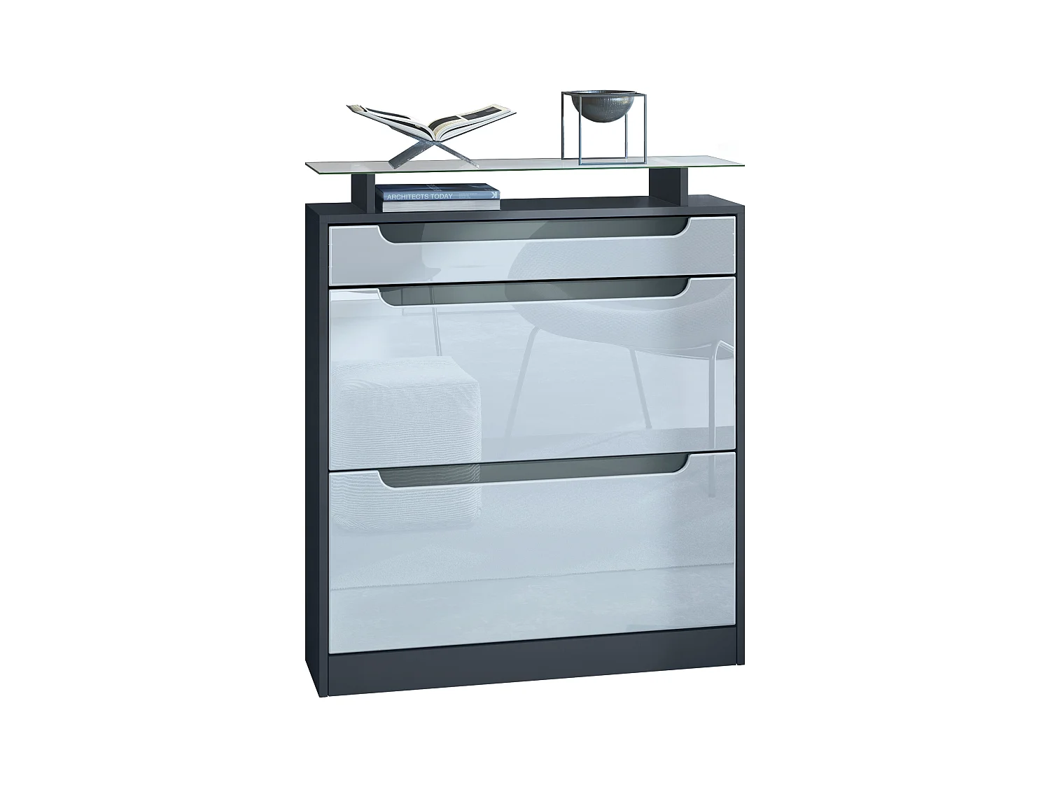 SCHUHSCHRANK Fiesta Fronten in Weiß Hochglanz, Griffmulden in Grau Hochglanz