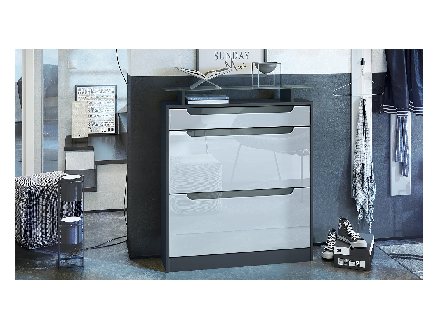 Meuble chaussure Fiesta pour 16 paires de chaussures avec clapets et tablette en verre, Anthracite mat/Blanc brillant, poignées Gris brillant (89x104x23 cm)