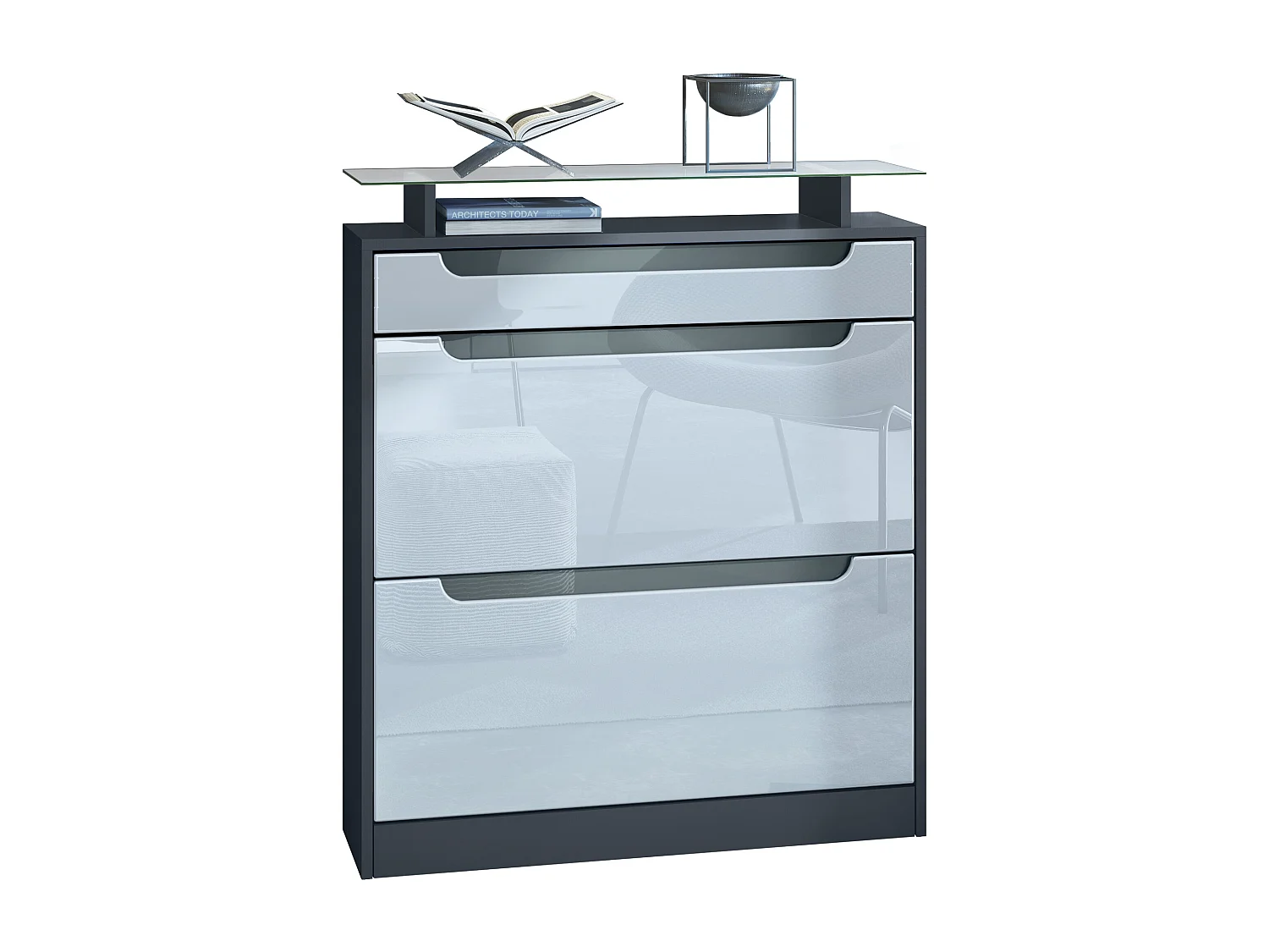 SCHUHSCHRANK Fiesta Fronten in Weiß Hochglanz, Griffmulden in Grau Hochglanz