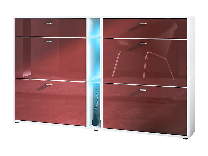 Zapatero con solapas Today 155,5 x 95 x 28 cm, con iluminación LED azul, estructura en Blanco mate, frentes en burdeos de alto brillo