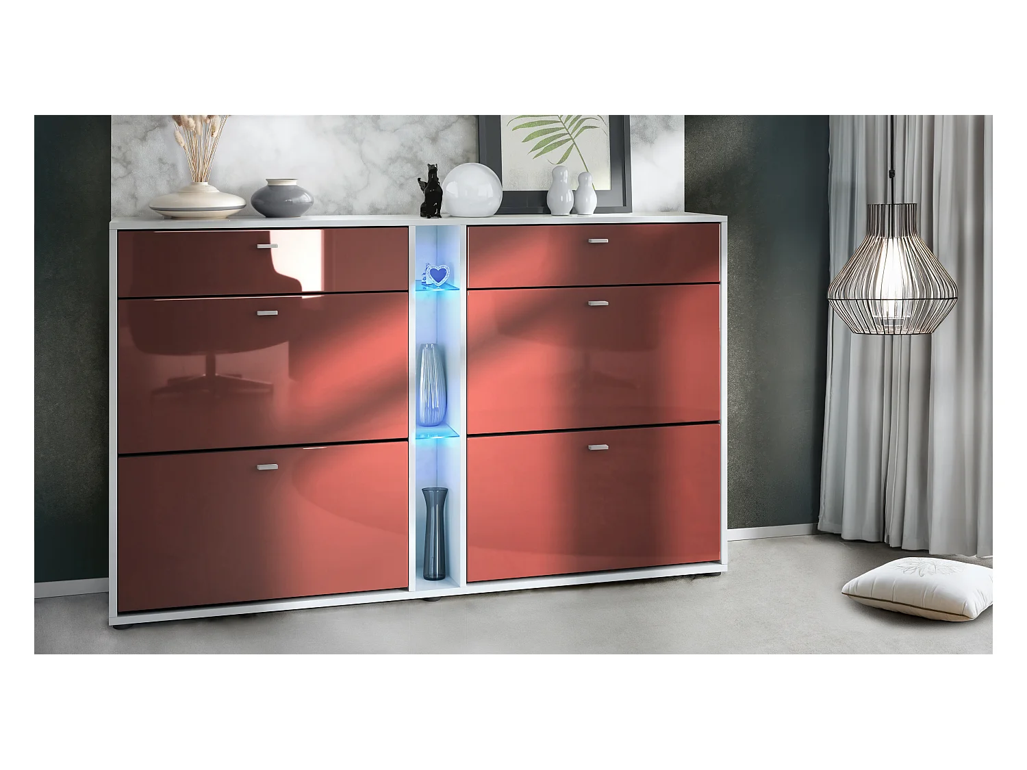 Meuble à chaussures à bascule Today 155,5 x 95 x 28 cm, avec un éclairage LED bleu, corps en Blanc mat, façades en bordeaux haute brillance