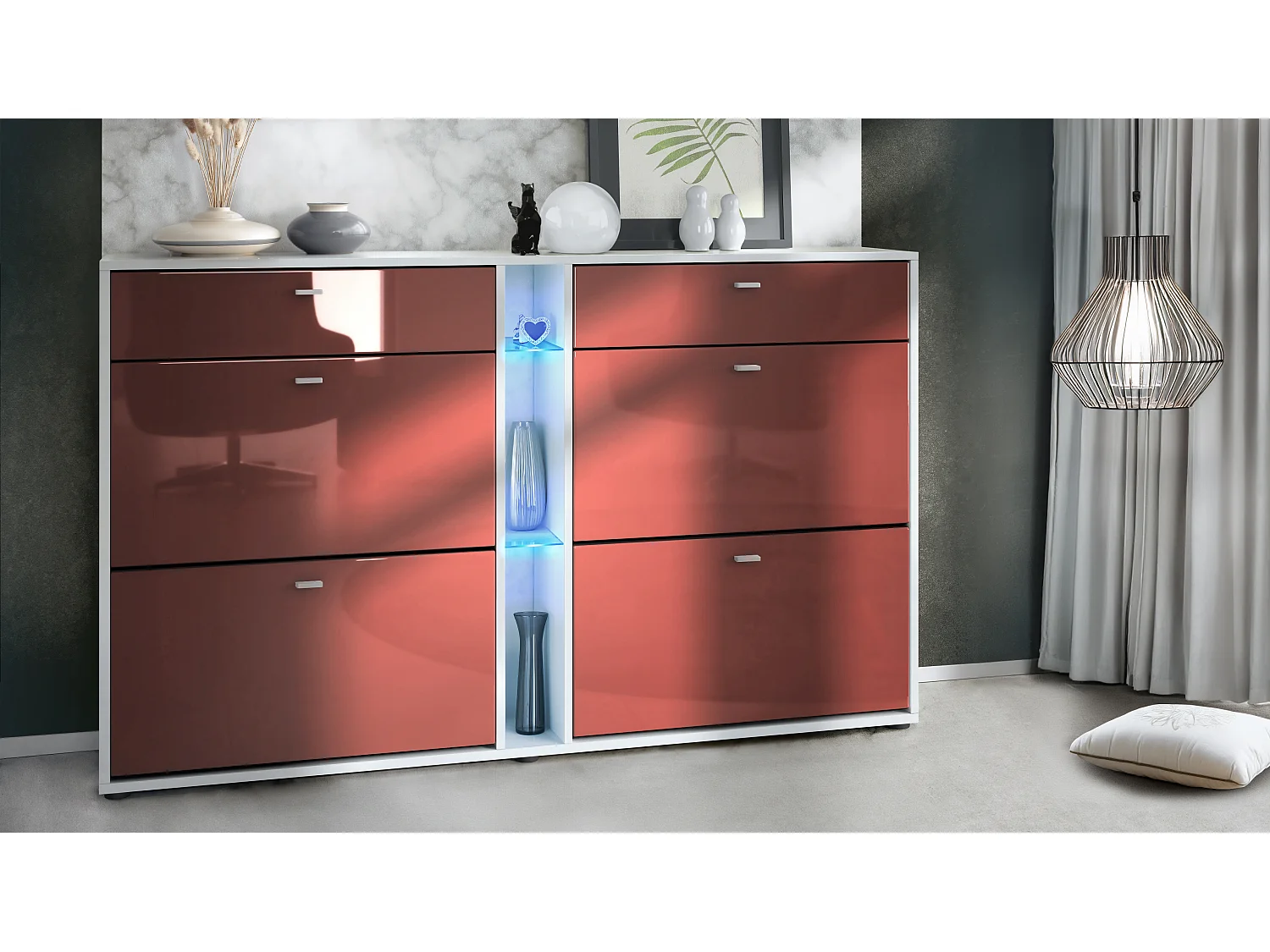 Scarpiera Today con 4 ante e 2 cassetti 155,5 x 95 x 28 cm, con illuminazione LED blu, struttura in bianco opaco, frontali in bordeaux lucido