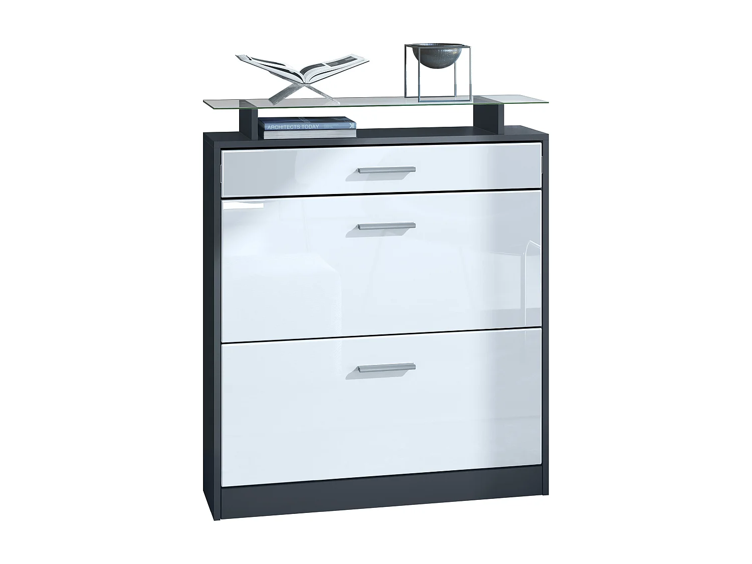 Scarpiera Loret 89 x 104 x 23 cm per 16 paia di scarpe, con ripiano in vetro, struttura in antracite opaco, frontale in bianco lucido.