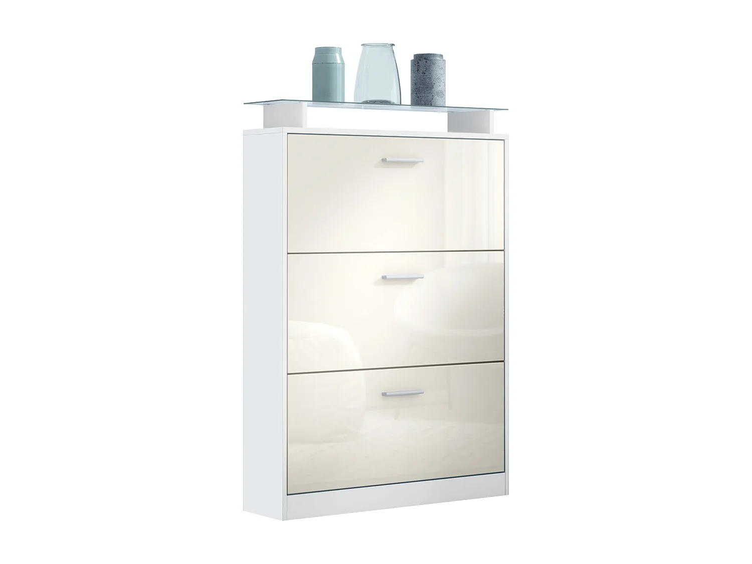 Meuble à chaussures Lavia, basculant pour 24 paires de chaussures avec 3 clapets et étagère en verre, Blanc mat/Crème haute brillance (89 x 128 x 23 cm)