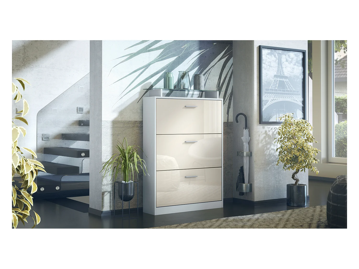 Meuble à chaussures Lavia, basculant pour 24 paires de chaussures avec 3 clapets et étagère en verre, Blanc mat/Crème haute brillance (89 x 128 x 23 cm)