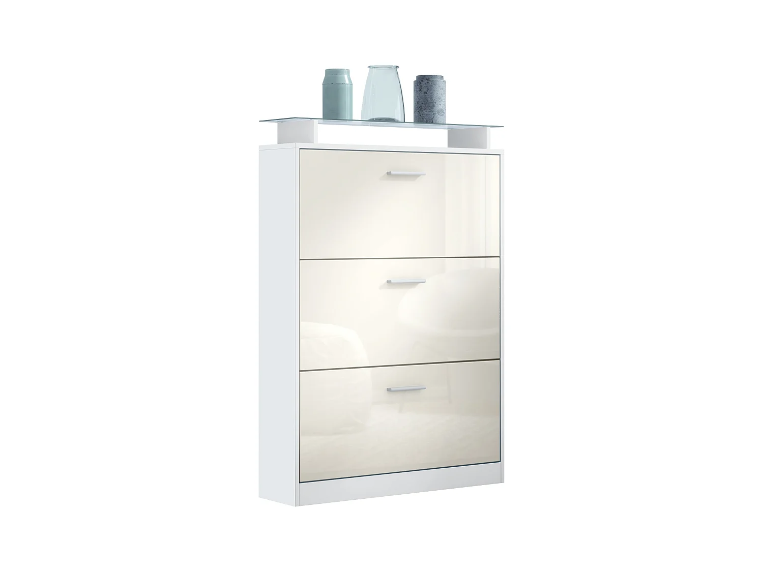 Meuble à chaussures Lavia, basculant pour 24 paires de chaussures avec 3 clapets et étagère en verre, Blanc mat/Crème haute brillance (89 x 128 x 23 cm)