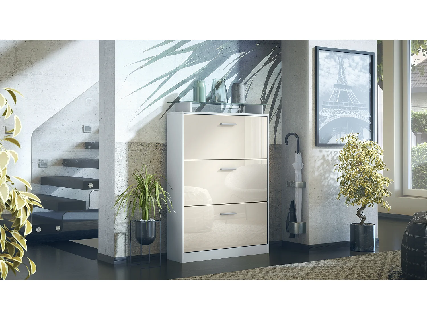 Scarpiera Lavia, mobile per 24 paia di scarpe con 3 ante a ribalta e un ripiano in vetro, bianco opaco/crema lucido (89 x 128 x 23 cm)