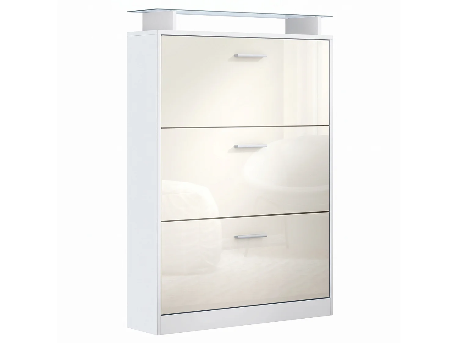 Meuble à chaussures Lavia, basculant pour 24 paires de chaussures avec 3 clapets et étagère en verre, Blanc mat/Crème haute brillance (89 x 128 x 23 cm)