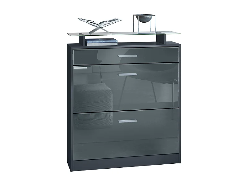 Scarpiera Loret 89 x 104 x 23 cm per 16 paia di scarpe, con ripiano in vetro, struttura in antracite opaco, frontale in grigio lucido.