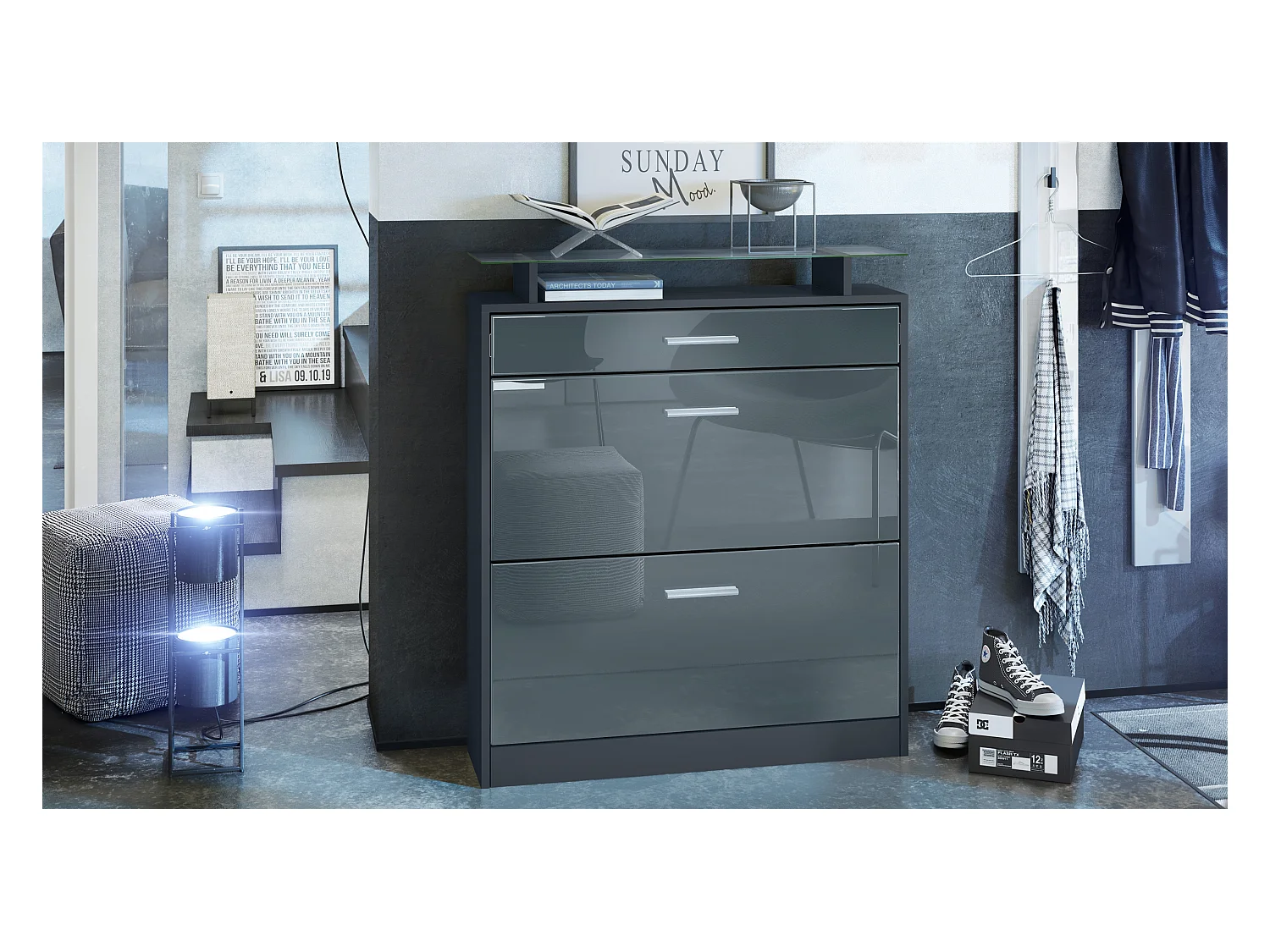 SCHUHSCHRANK Loret Fronten in Grau Hochglanz